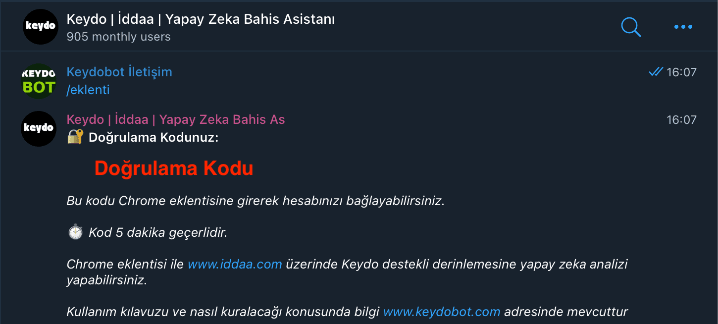 Telegram botundan gelen 8 haneli kod