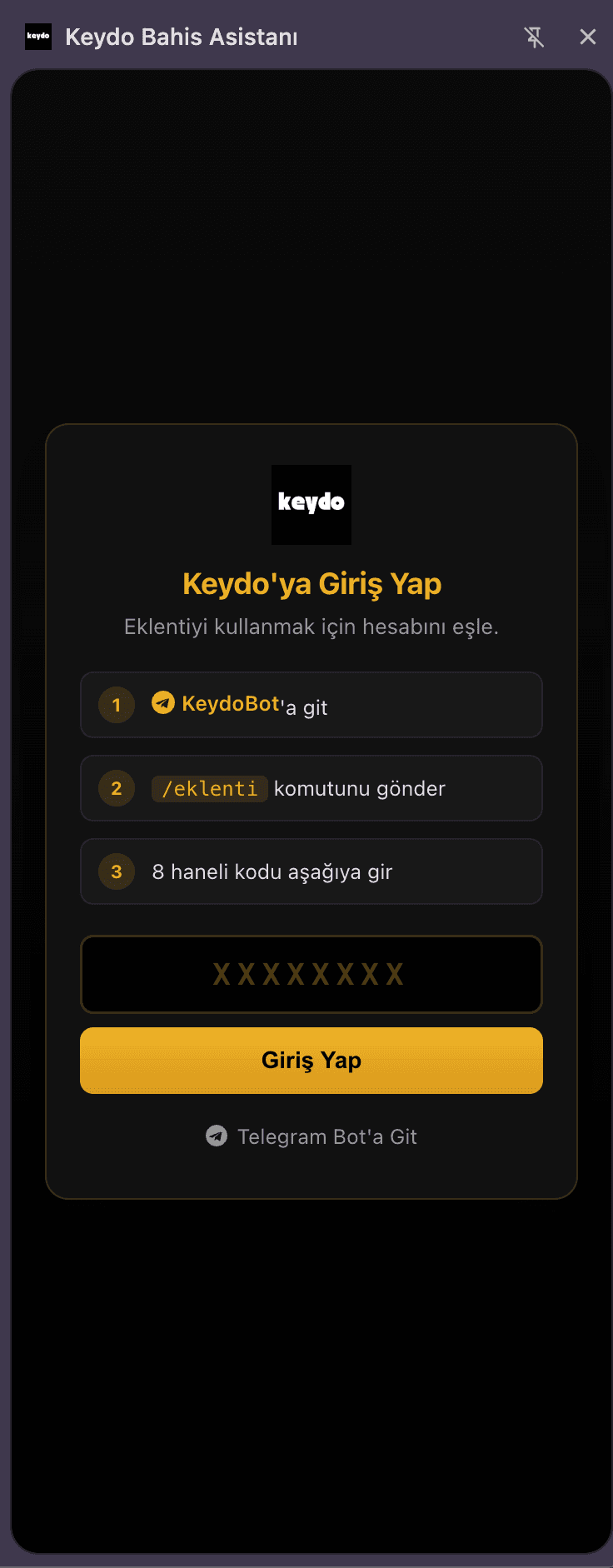 Eklenti popup'ında kod girişi ekranı