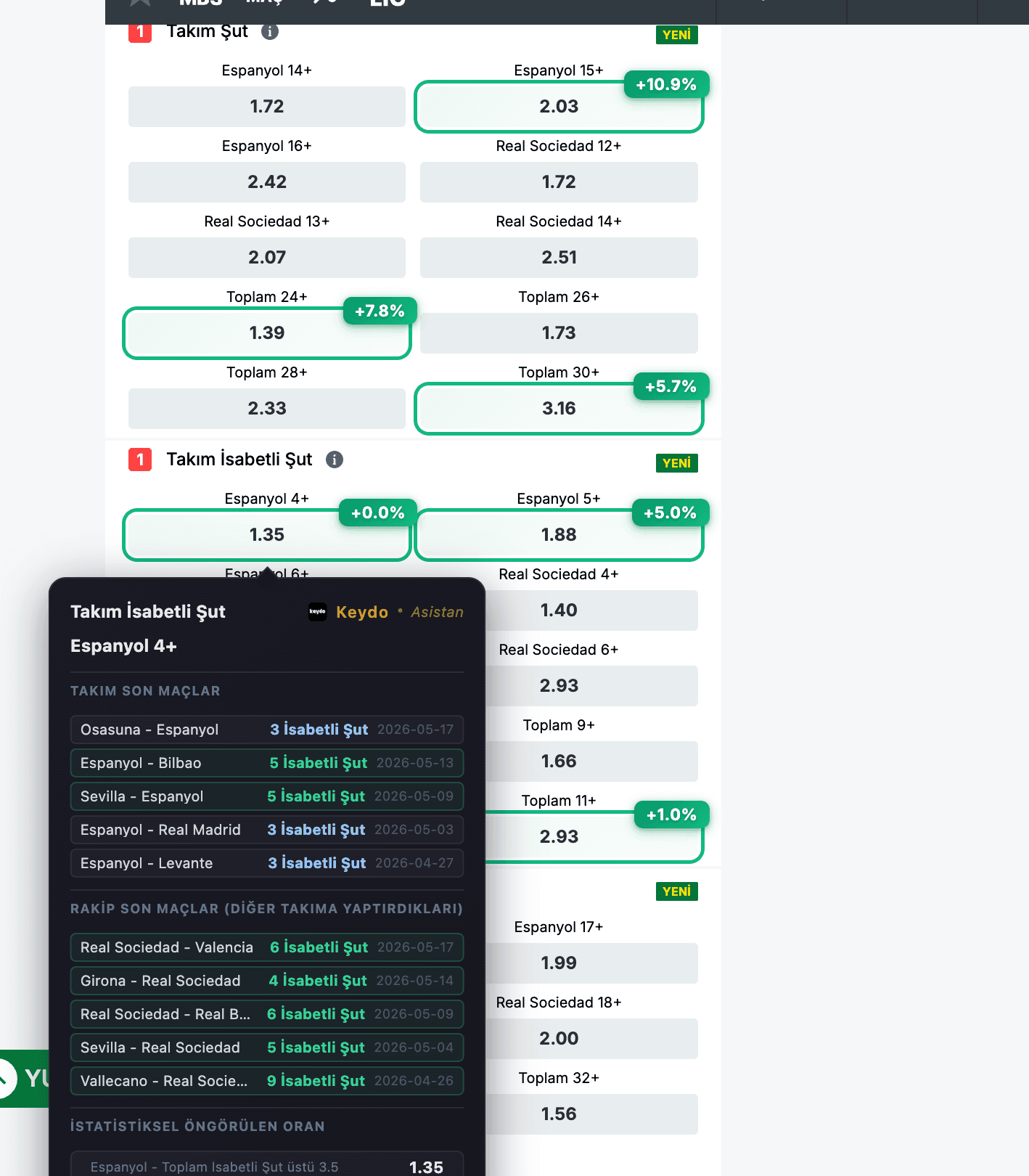 iddaa.com üzerinde Keydo analiz tooltip'i